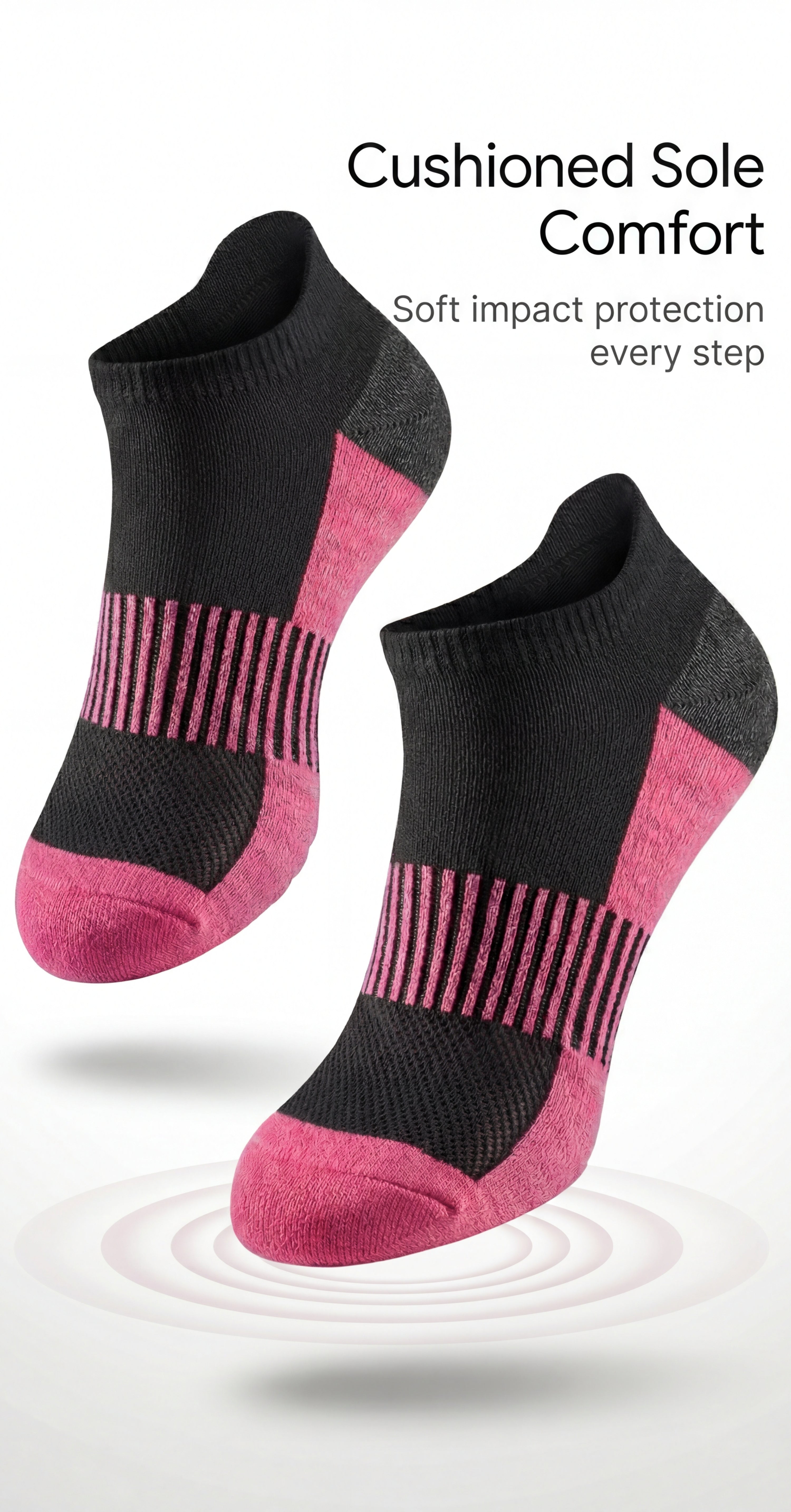 Black and pink socks with cushioned sole on a white background