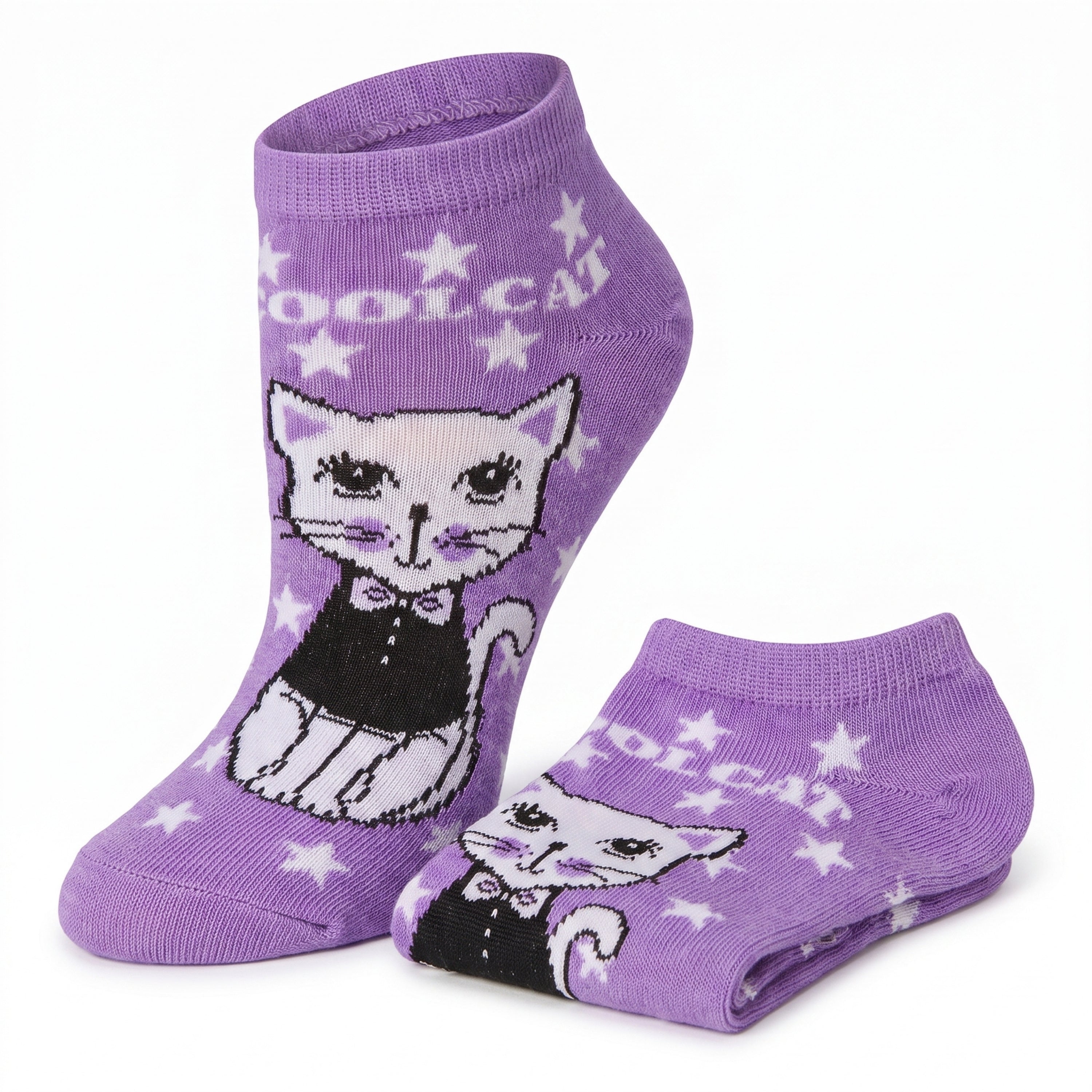 A pair of purple ankle socks with a white and black cat graphic, white stars, and the text 'COOL CAT' on a white background.