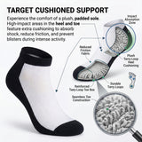 An infographic about cushioned support socks with text and illustrations on a white background.
