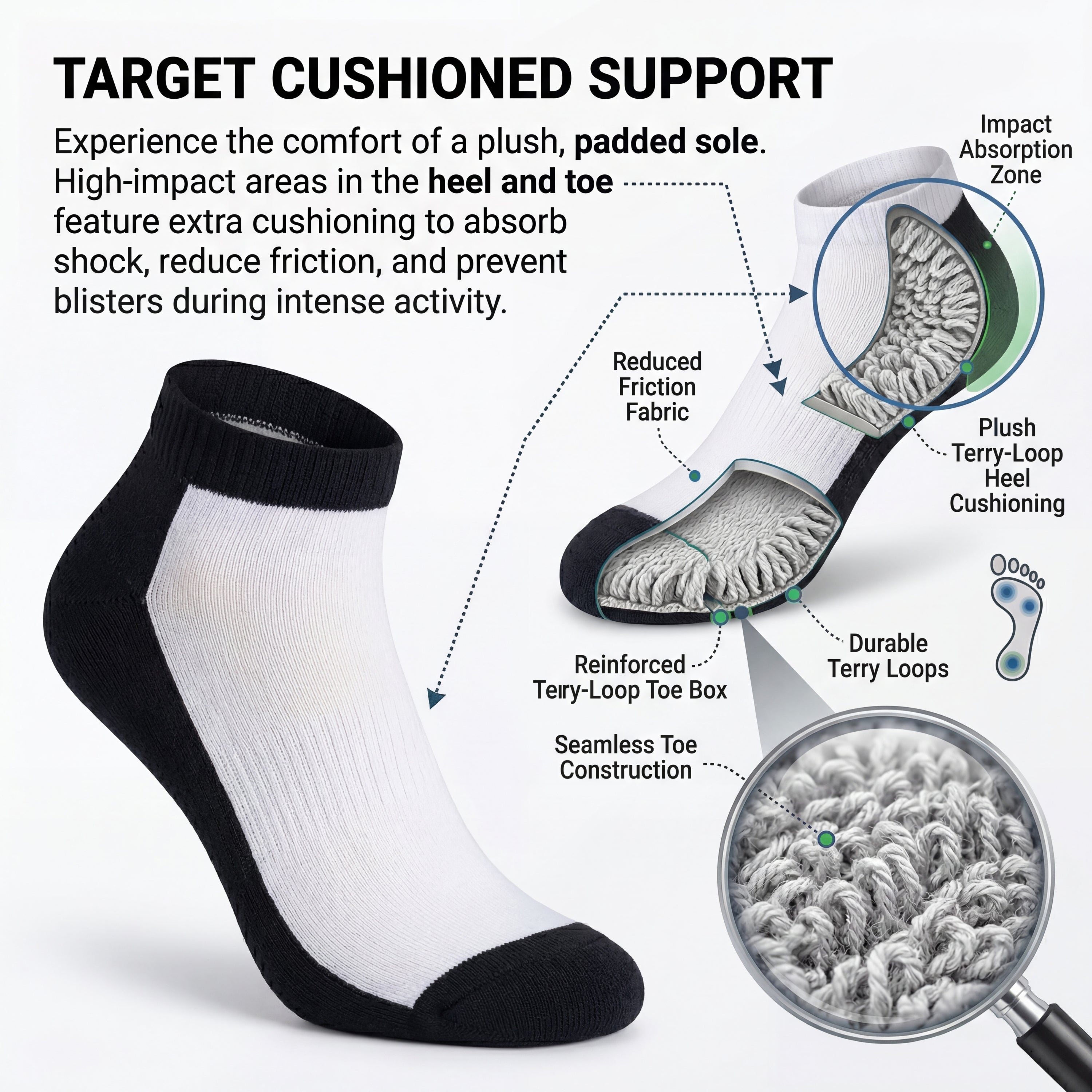 An infographic about cushioned support socks with text and illustrations on a white background.