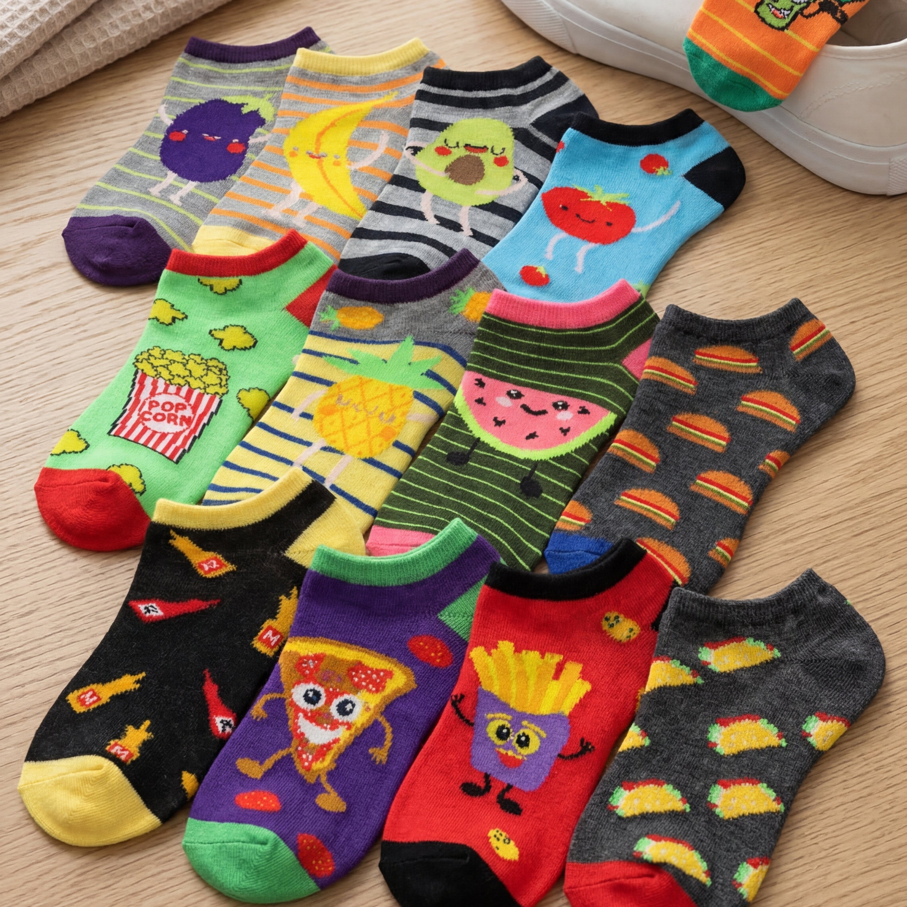 Colorful socks with various patterns on a wooden surface