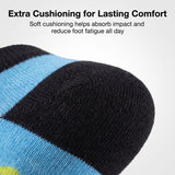Close-up of a striped sock with black, light blue, and white bands, featuring promotional text at the top about cushioning and foot comfort.