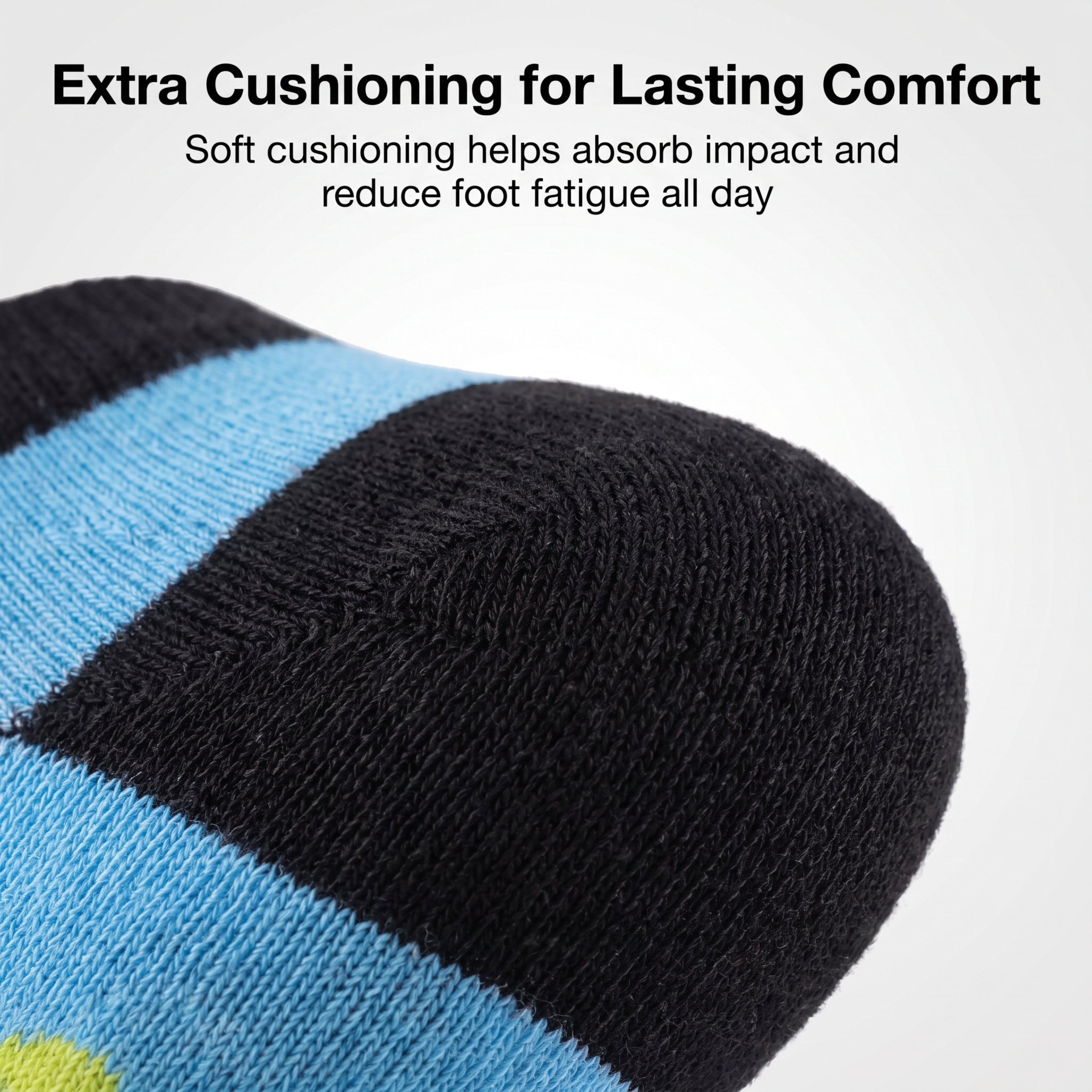 Close-up of a striped sock with black, light blue, and white bands, featuring promotional text at the top about cushioning and foot comfort.
