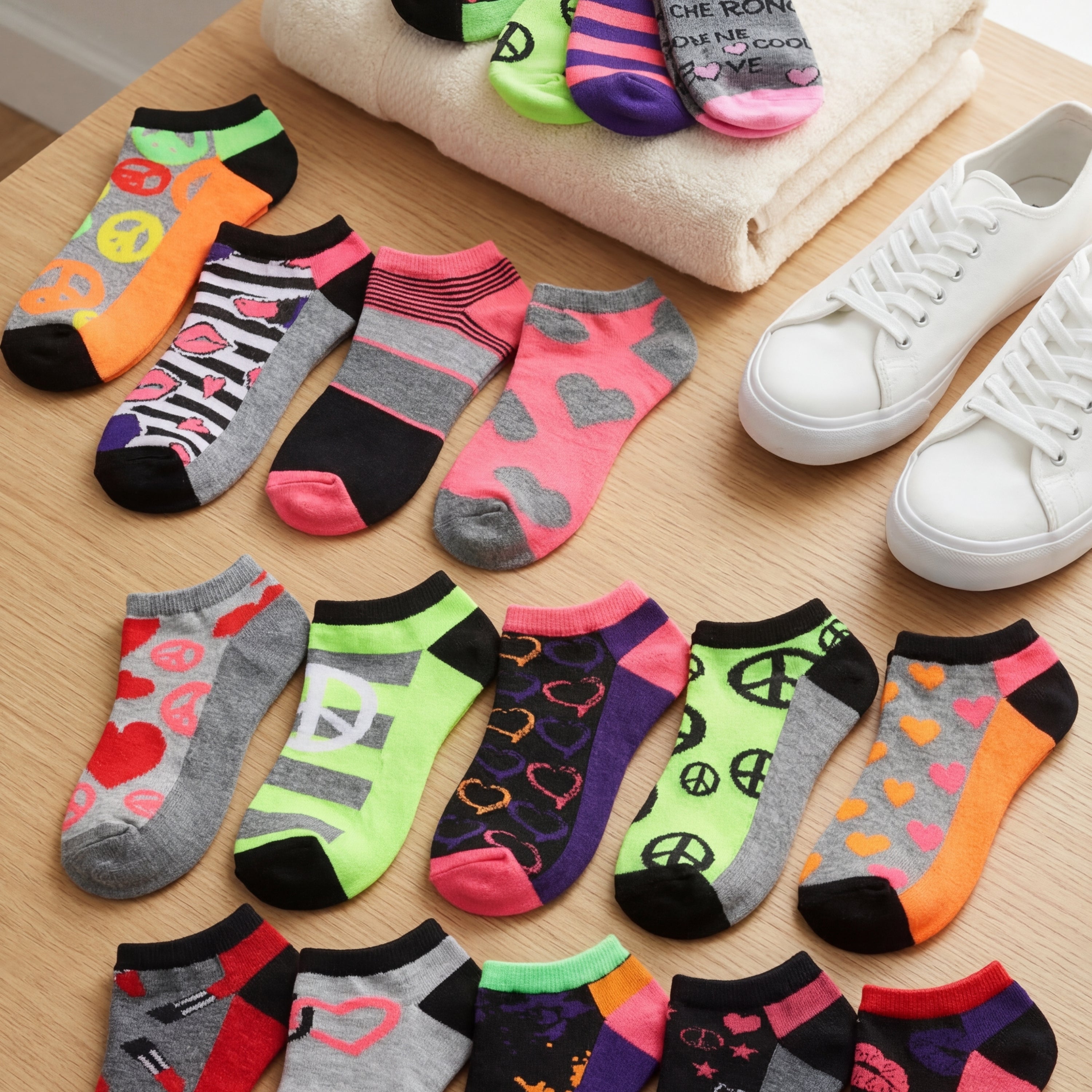 Colorful socks with various patterns on a wooden surface next to white sneakers.