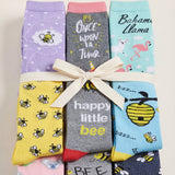 Bee Happy & Llama Patterns Socks - 12 Pairs