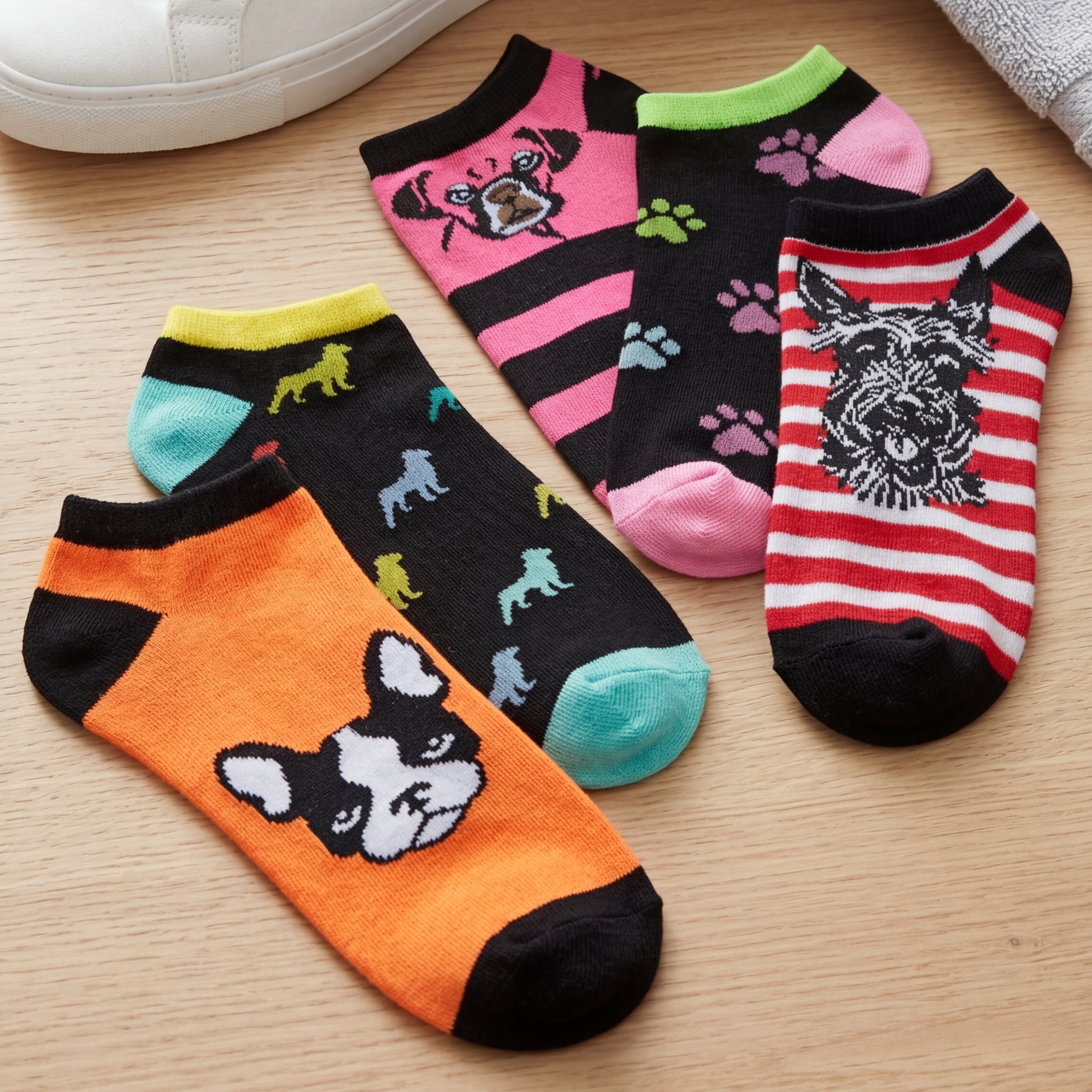 Set of colorful socks with dog designs on a wooden surface