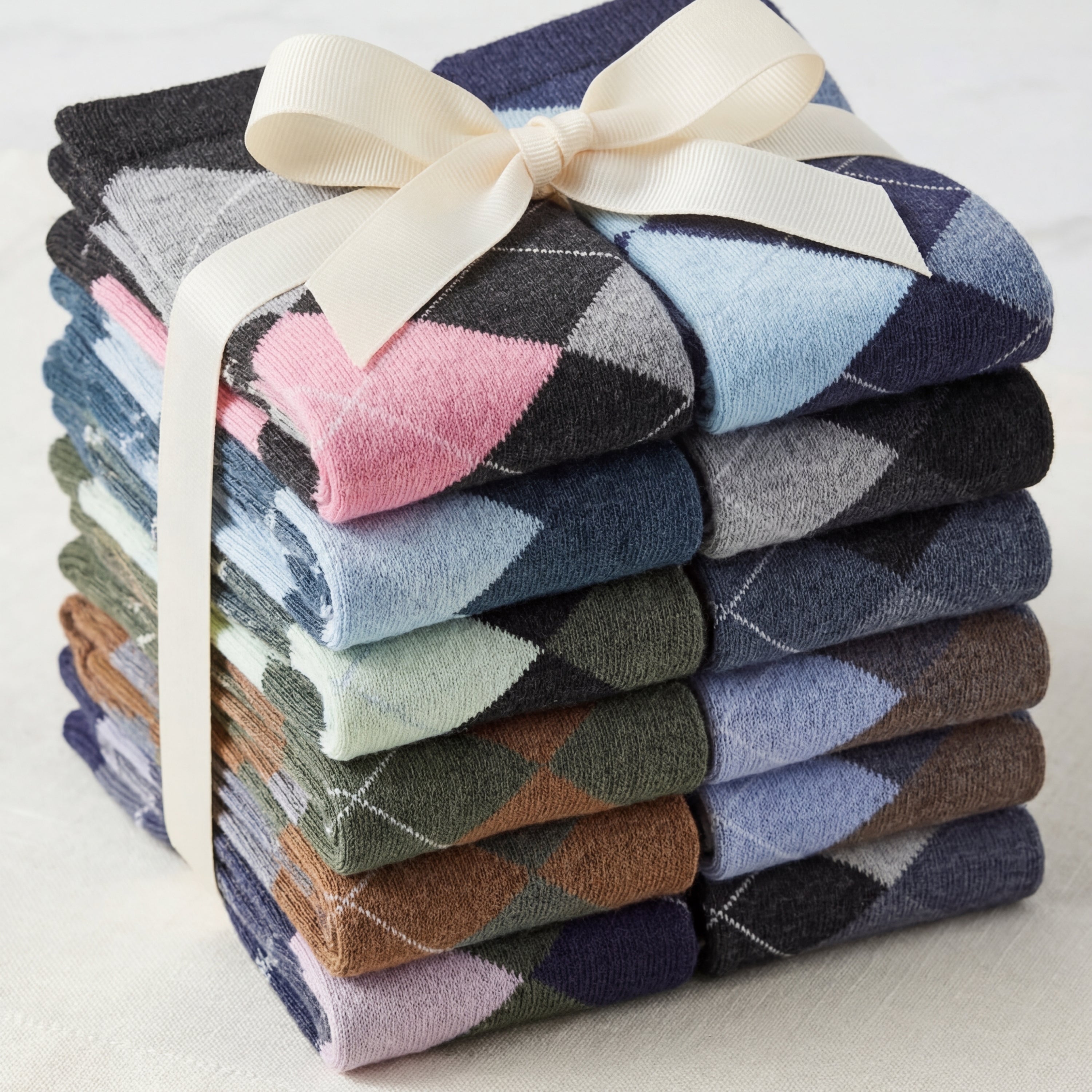 Stack of colorful argyle socks tied with a ribbon on a light background
