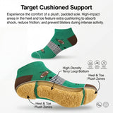 Green sock with text highlighting cushioned support features on a white background