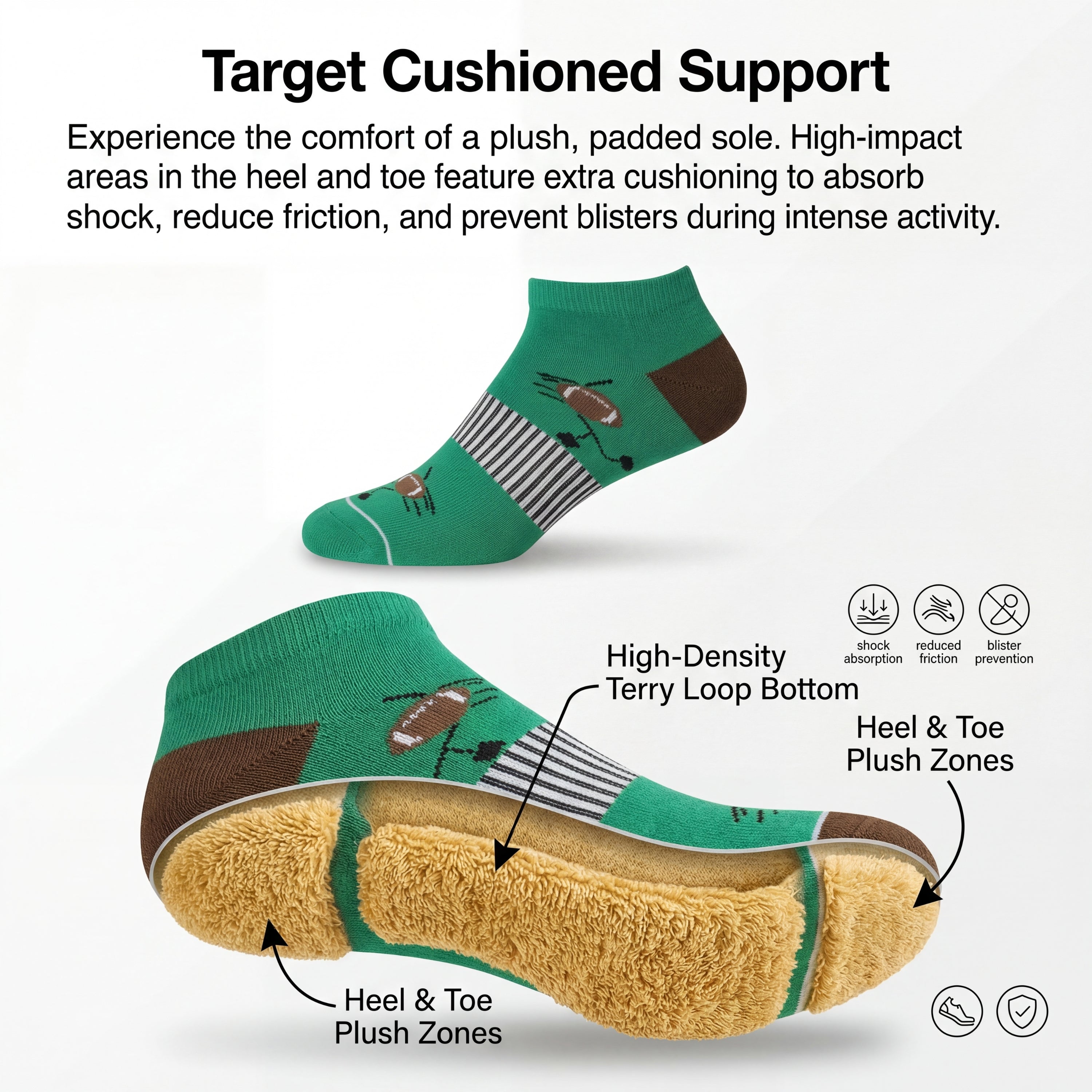 Green sock with text highlighting cushioned support features on a white background