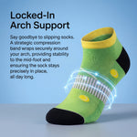 Green sock with yellow accents on a light blue background, highlighting arch support feature.