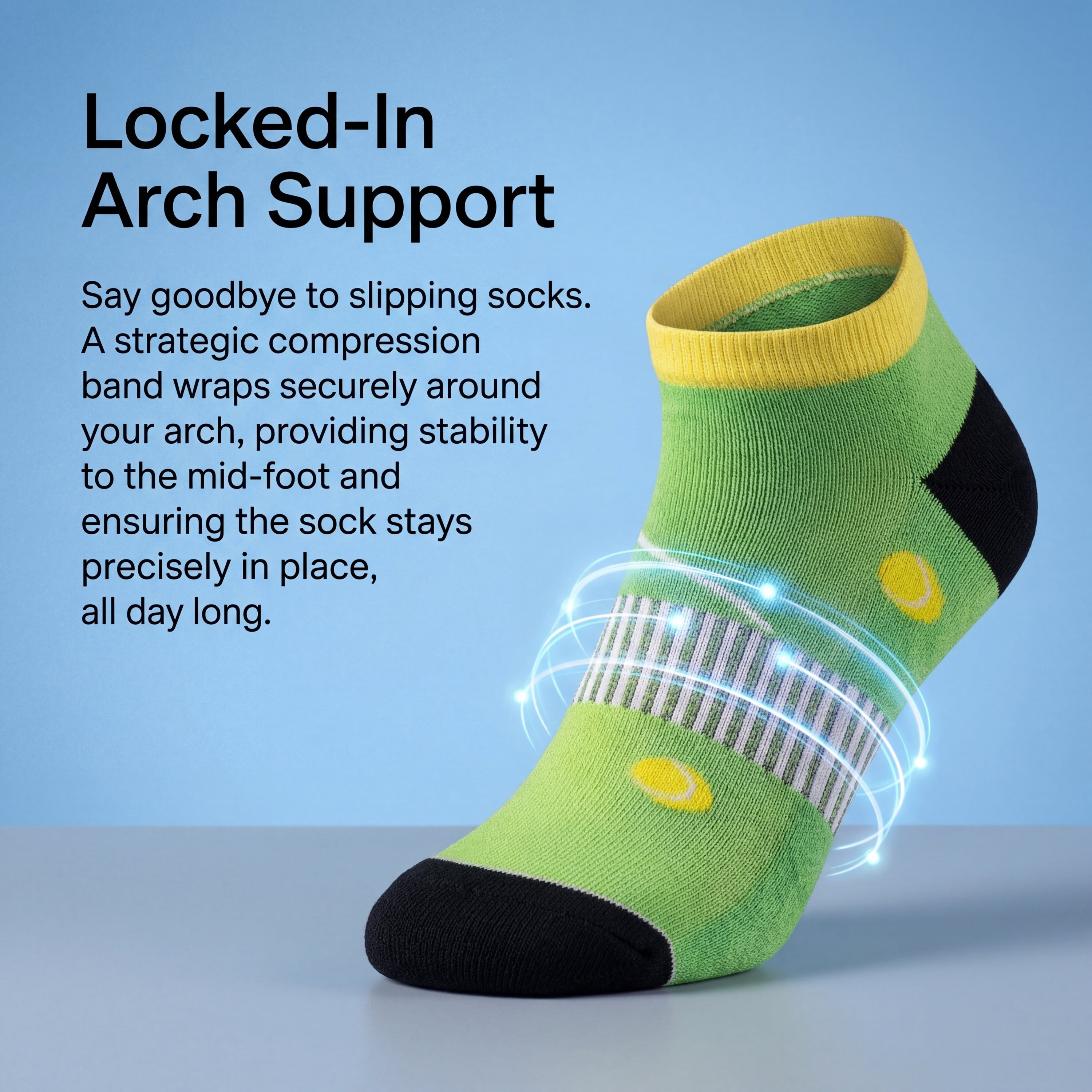 Green sock with yellow accents on a light blue background, highlighting arch support feature.