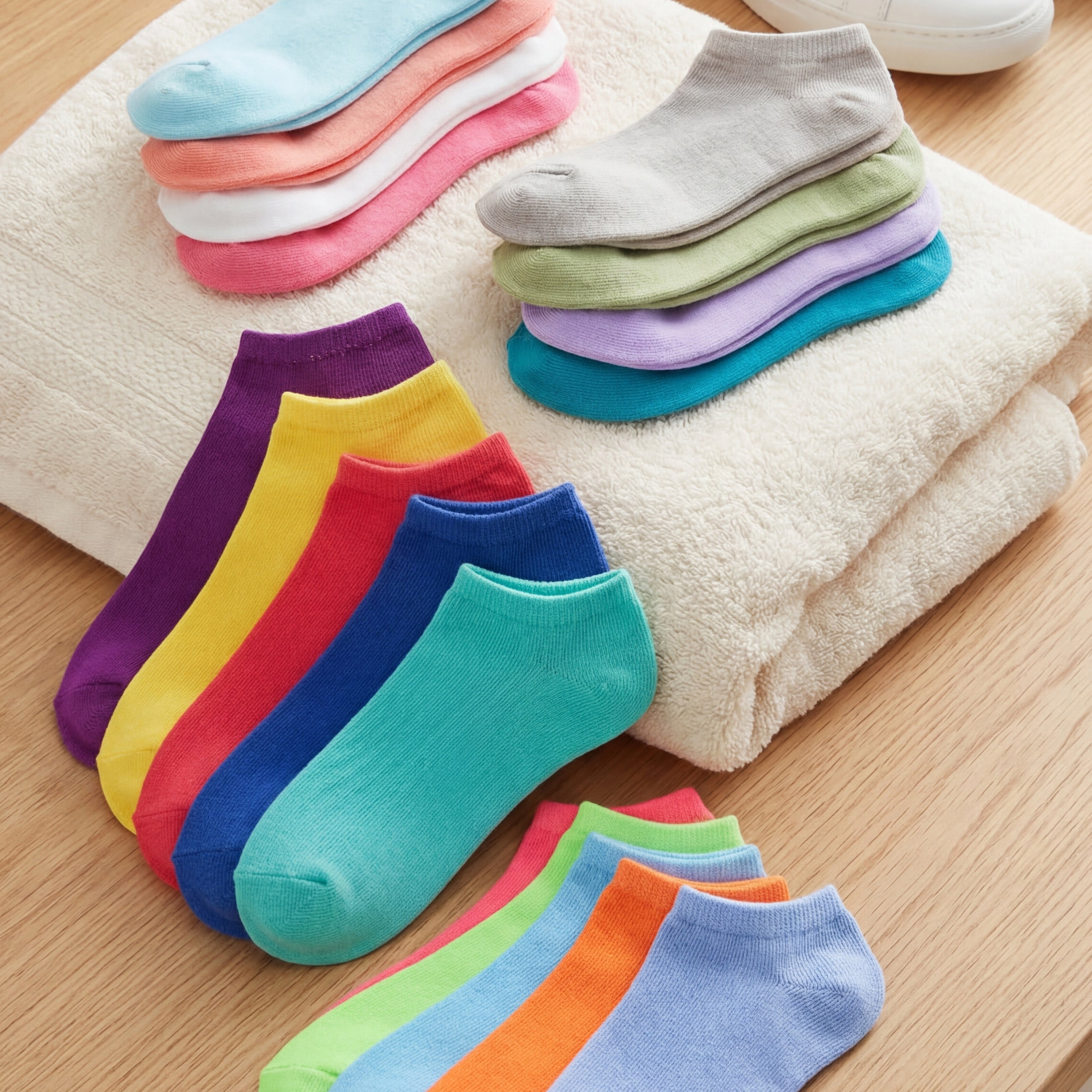 Colorful socks arranged on a towel with a wooden floor background