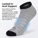 Gray ankle sock with black toes and top, featuring a compression band, on a white background with text about arch support.