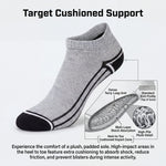 Gray ankle sock with black accents on a white background, featuring text about cushioned support.