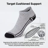 Gray ankle sock with black accents on a white background, featuring text about cushioned support.