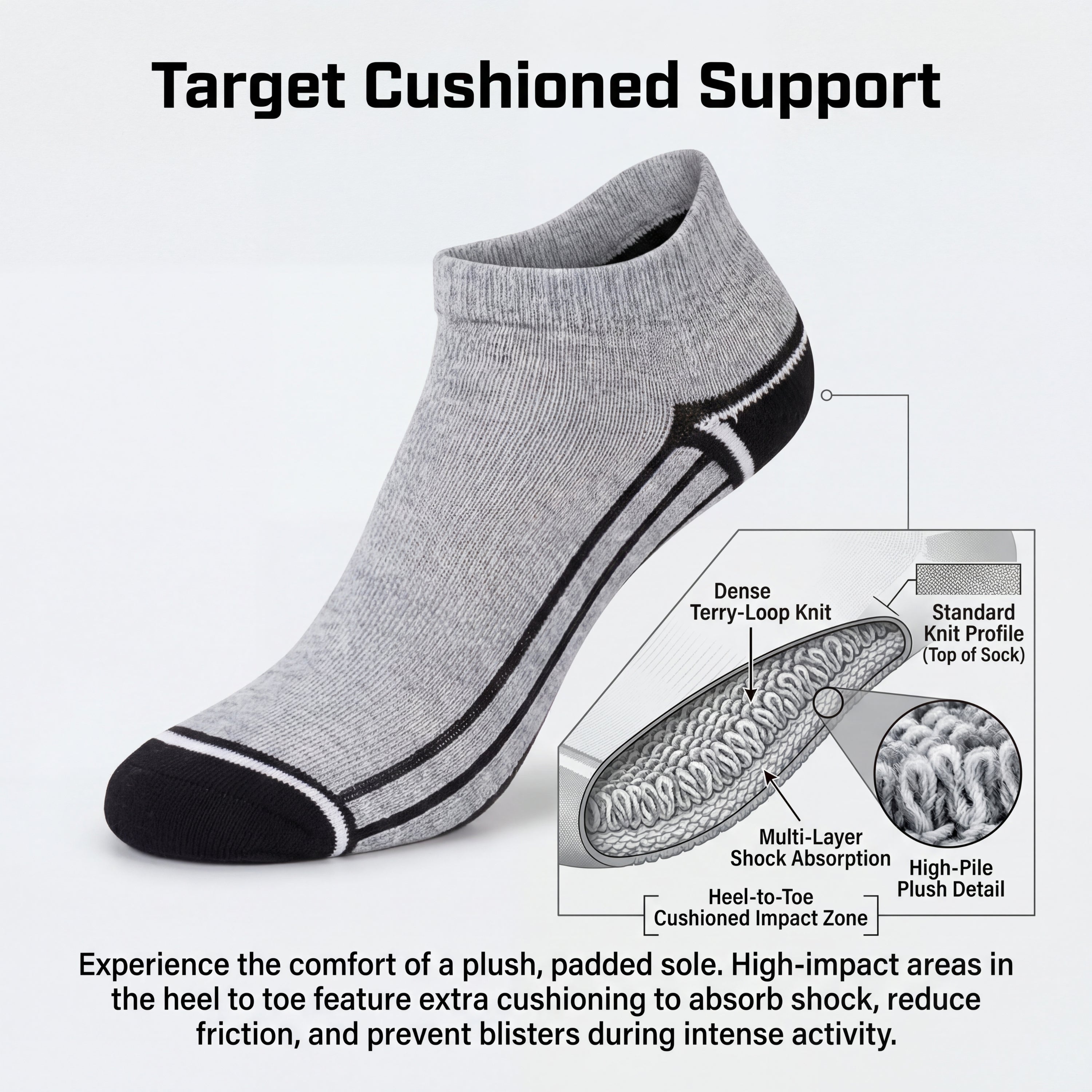 Gray ankle sock with black accents on a white background, featuring text about cushioned support.