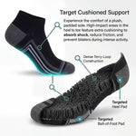 Black ankle sock with targeted cushioned support features and text on a white background