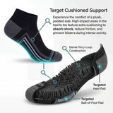 Black ankle sock with targeted cushioned support features and text on a white background