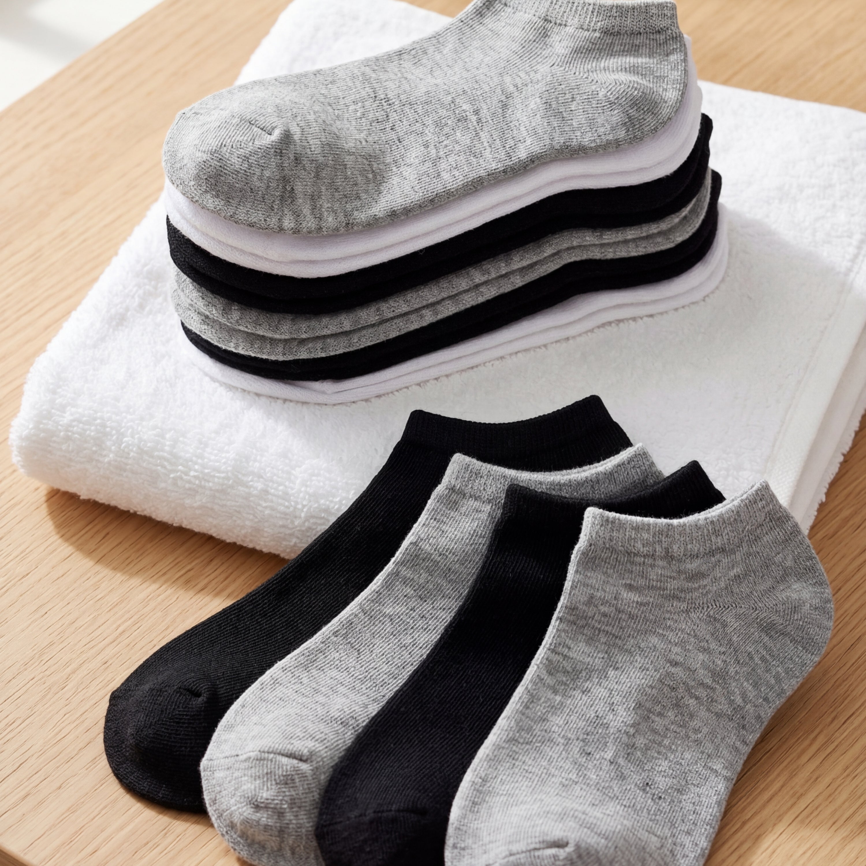 Set of gray, black, and white socks on a wooden surface