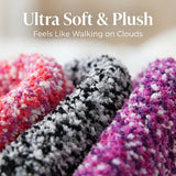 Close-up of ultra soft and plush yarn in pink, black, and purple with text 'Ultra Soft & Plush' and 'Feels Like Walking on Clouds'.