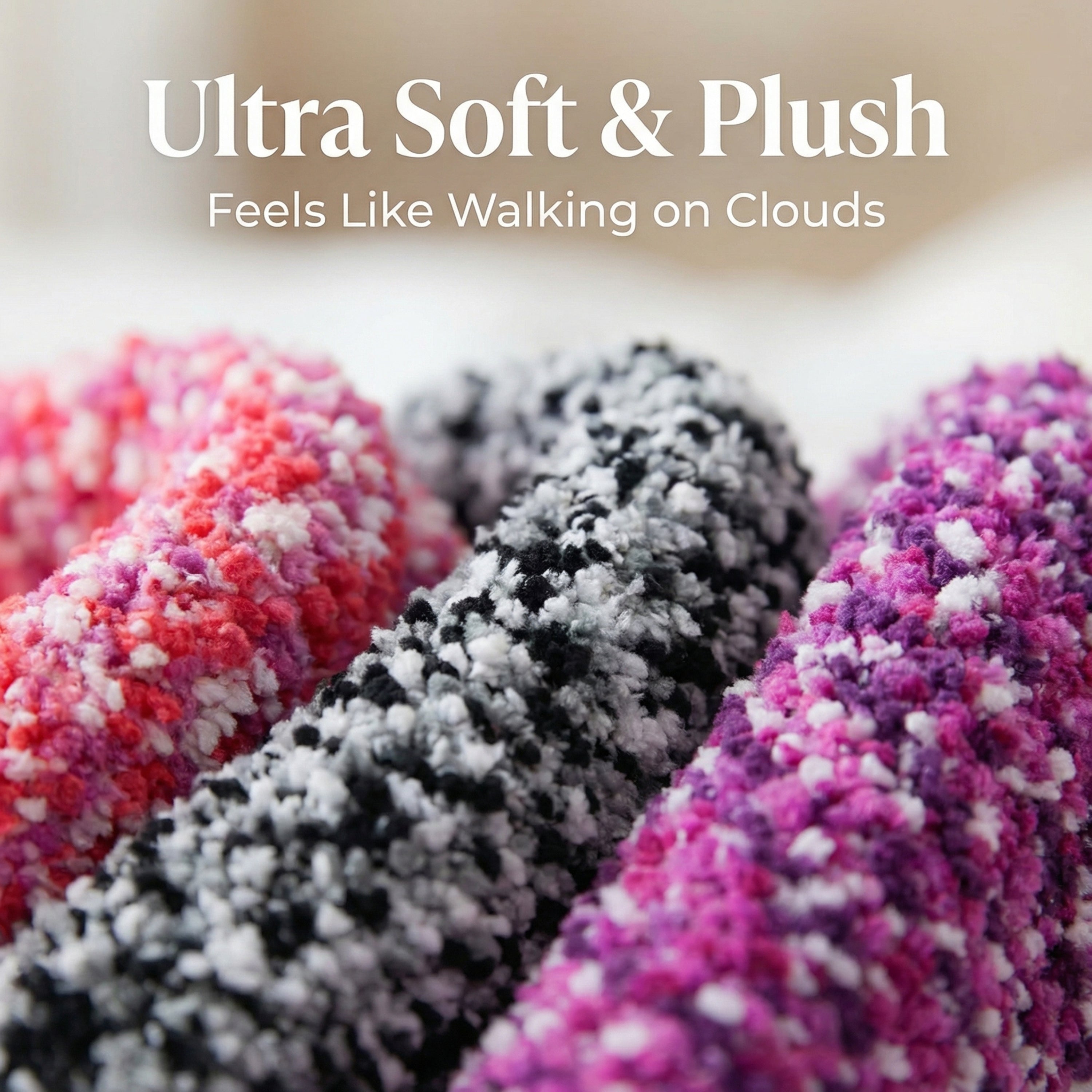 Close-up of ultra soft and plush yarn in pink, black, and purple with text 'Ultra Soft & Plush' and 'Feels Like Walking on Clouds'.