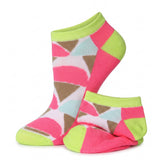 A pair of low-cut ankle socks with a colorful geometric pattern of pink, lime green, light blue, and brown triangles on a white background.