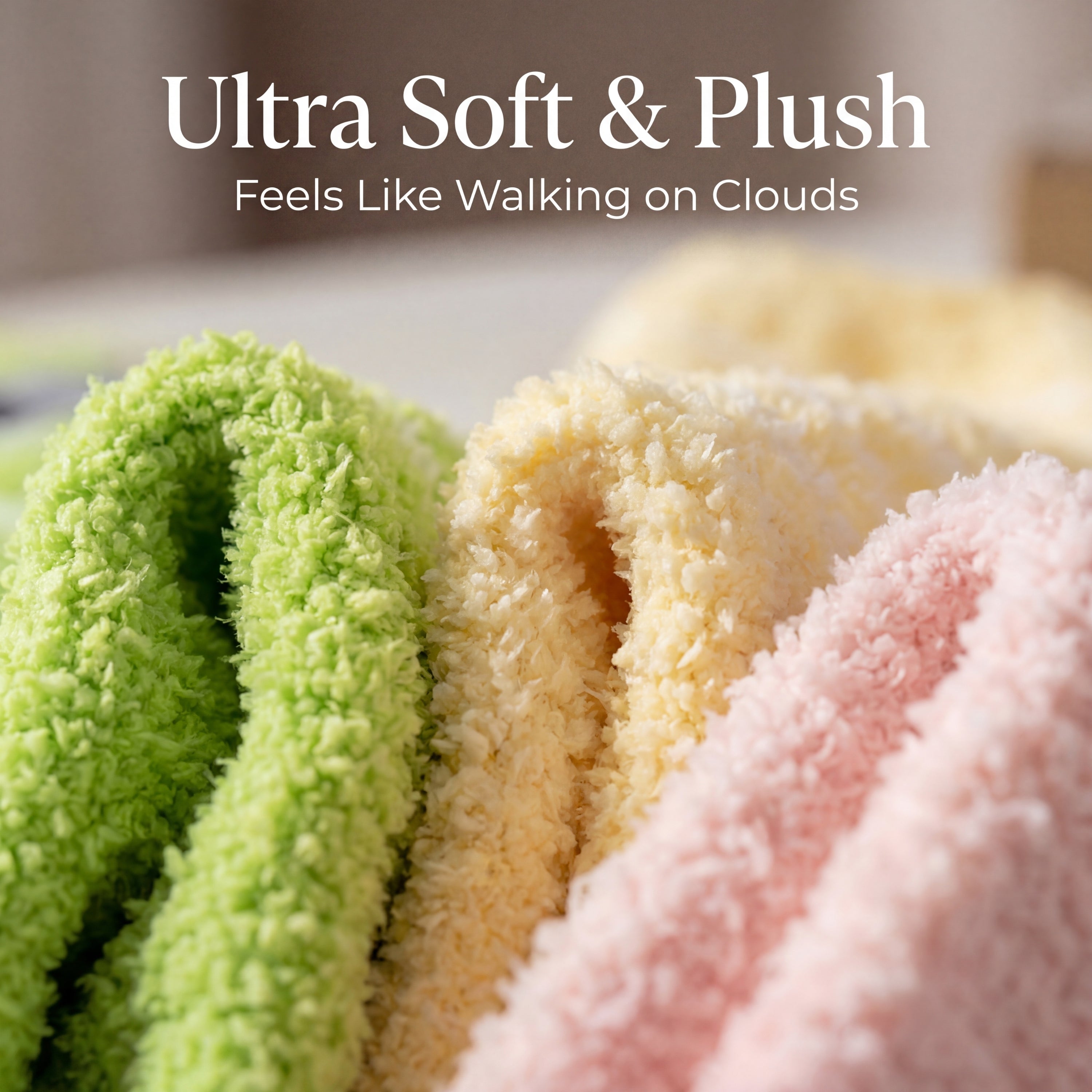 Close-up of ultra soft and plush towels in green, beige, and pink with text 'Ultra Soft & Plush Feels Like Walking on Clouds'.