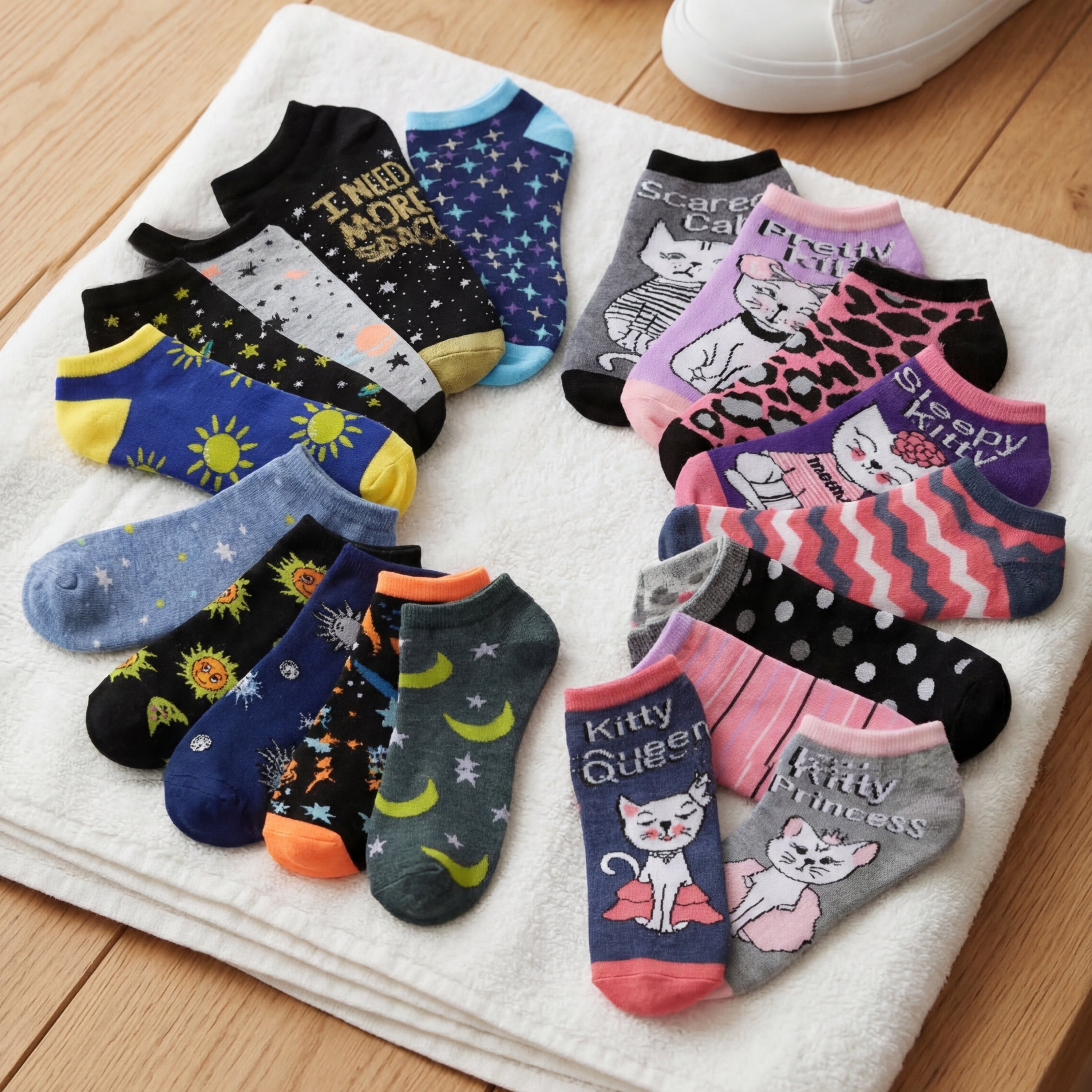 Assorted colorful children's socks on a white towel with a wooden floor background.