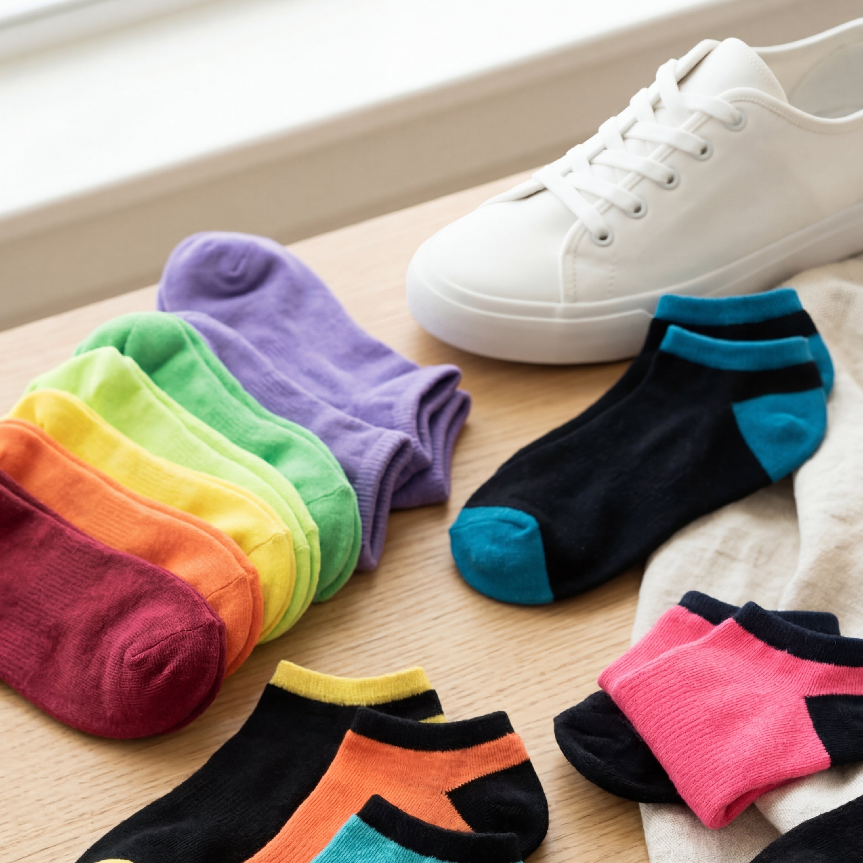 Colorful socks arranged on a wooden surface with a white sneaker.