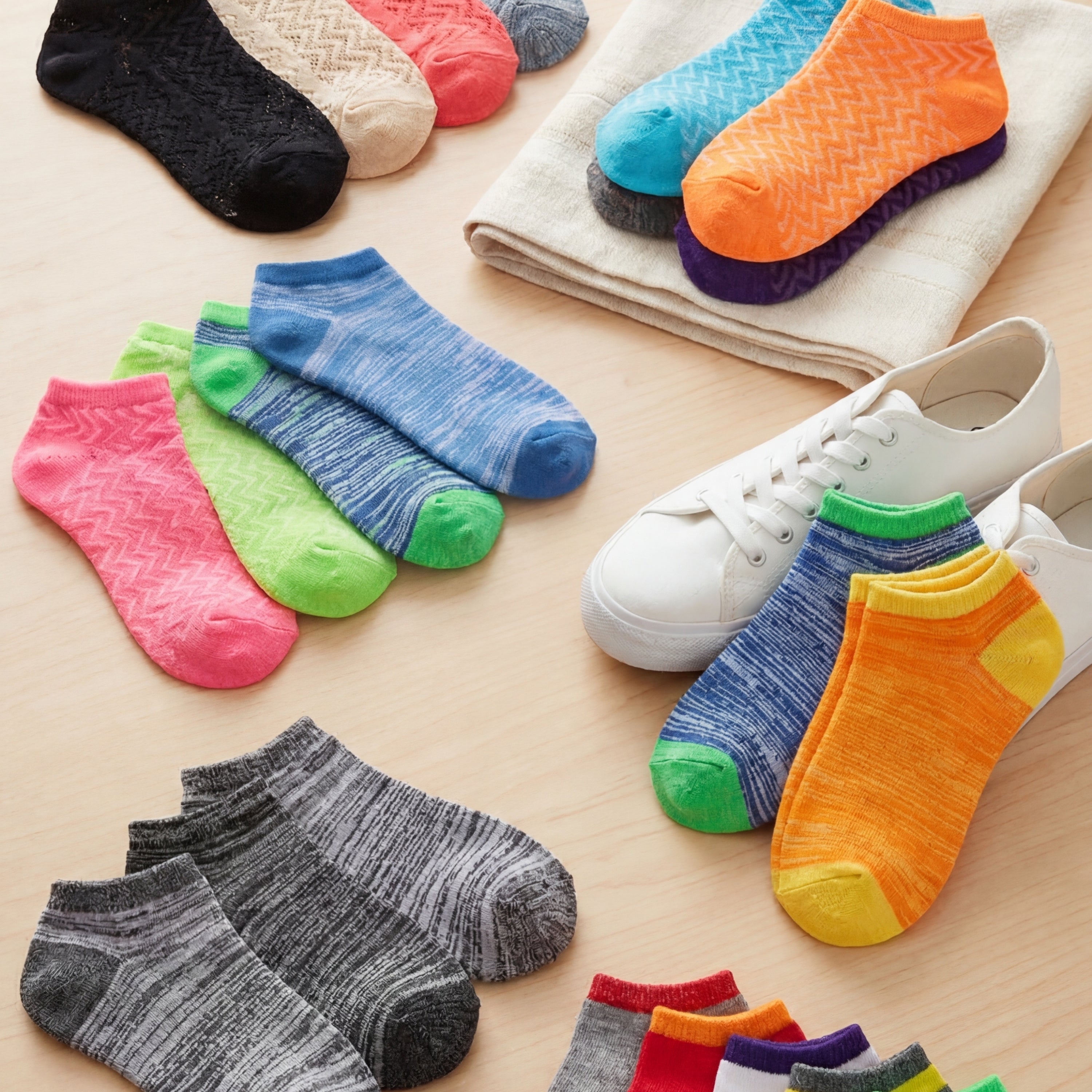 Colorful socks arranged on a light surface with a sneaker.