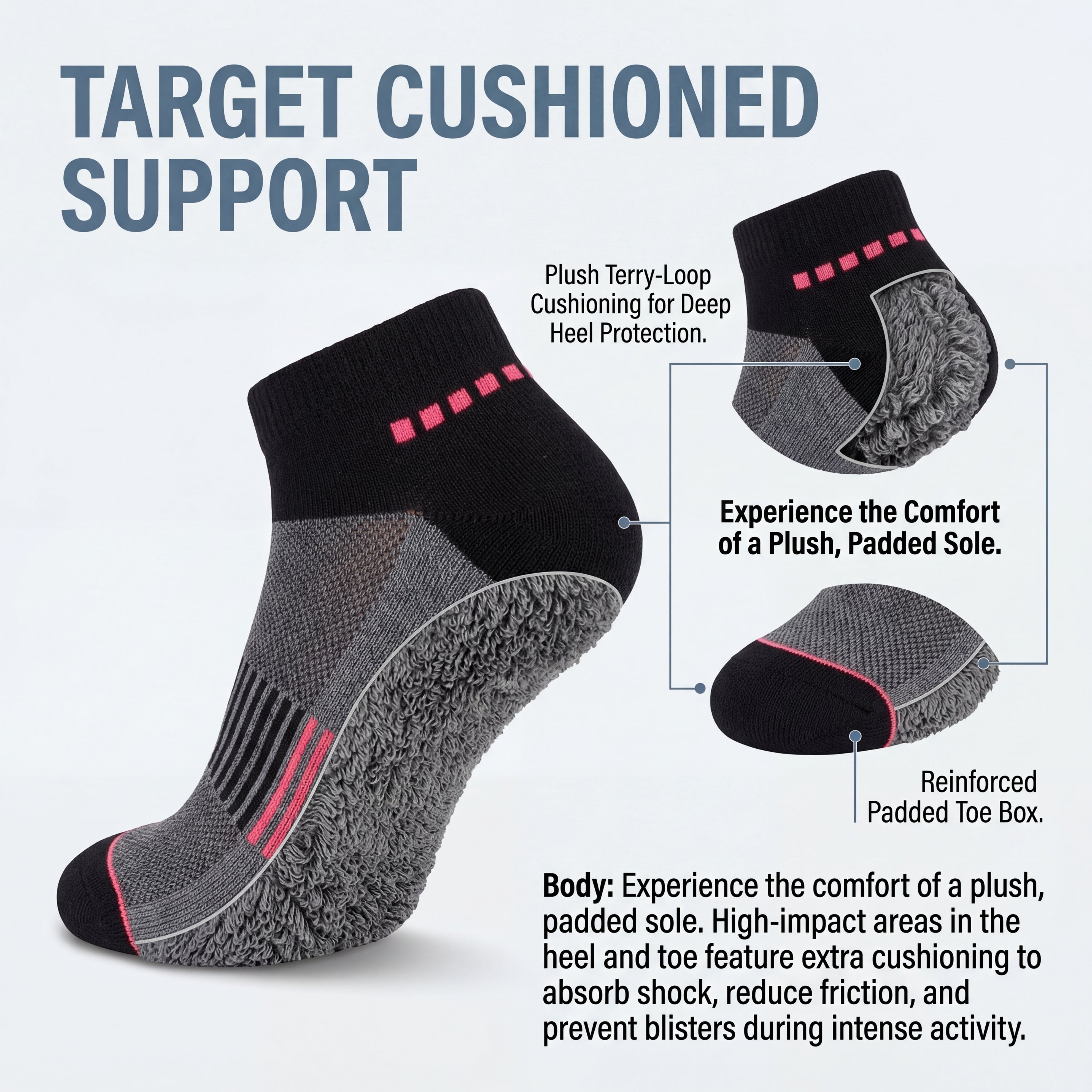 Gray and black sock with text highlighting features on a white background
