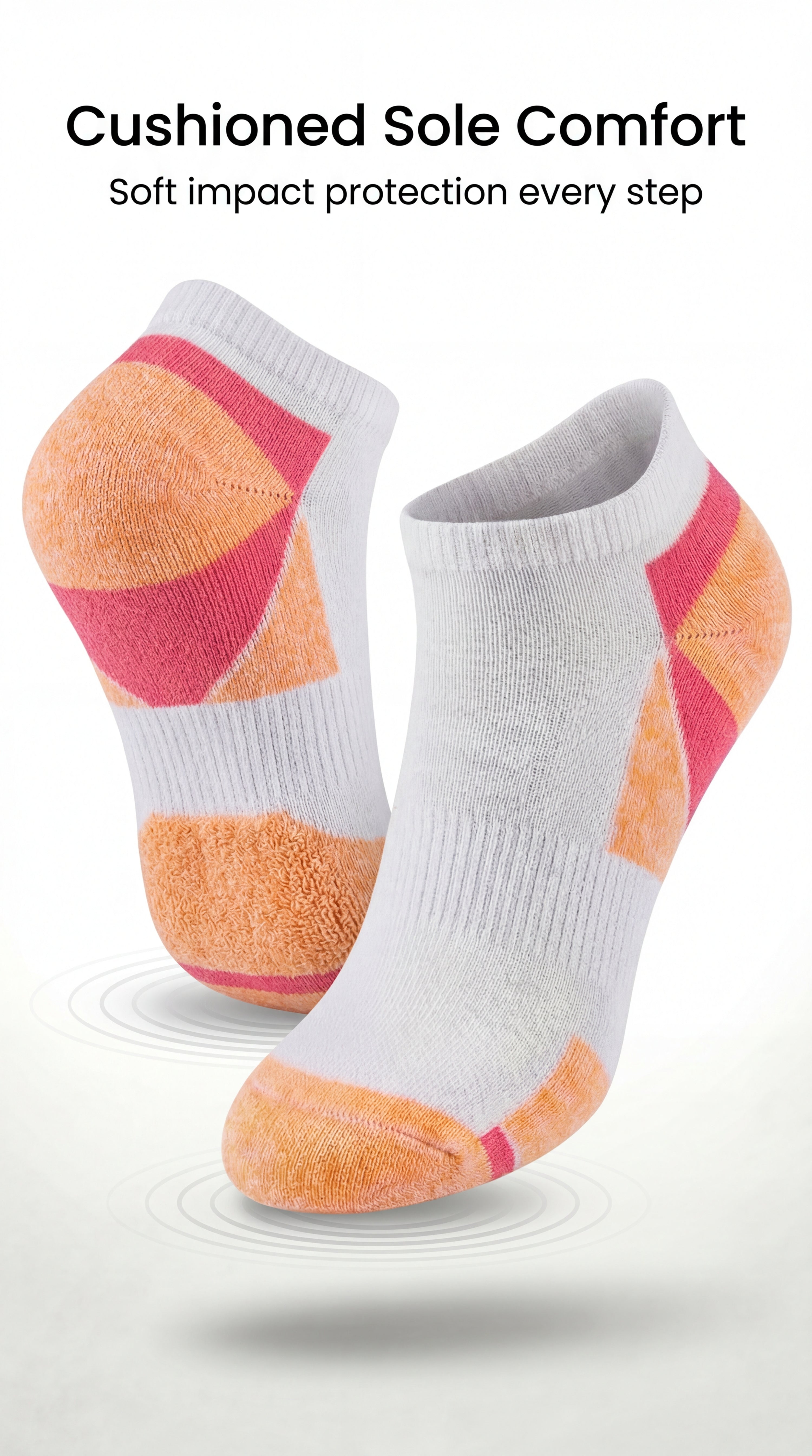 Pair of socks with orange and pink accents on a white background