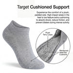 Gray sock with cushioned sole and text explaining support features on a white background