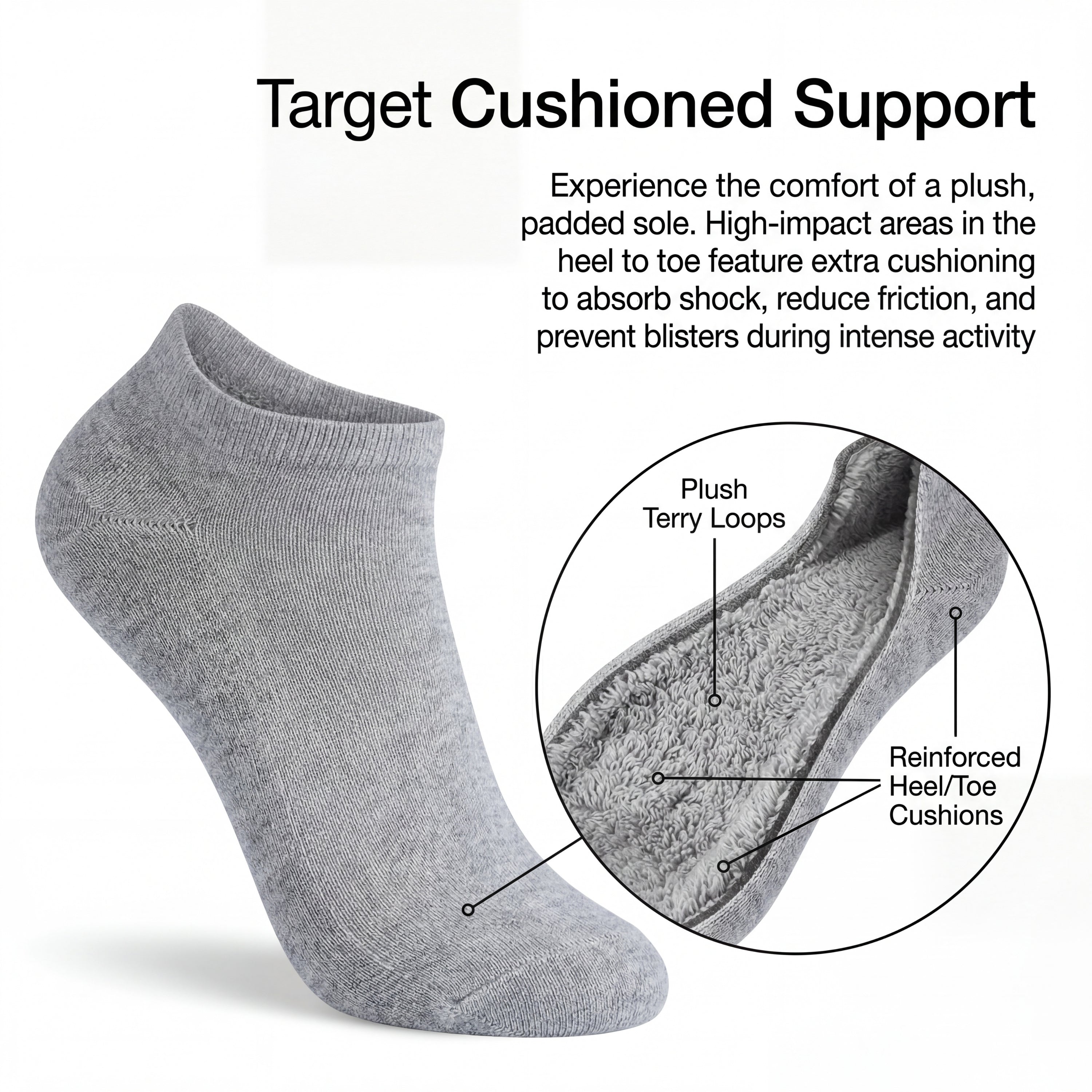 Gray sock with cushioned sole and text explaining support features on a white background