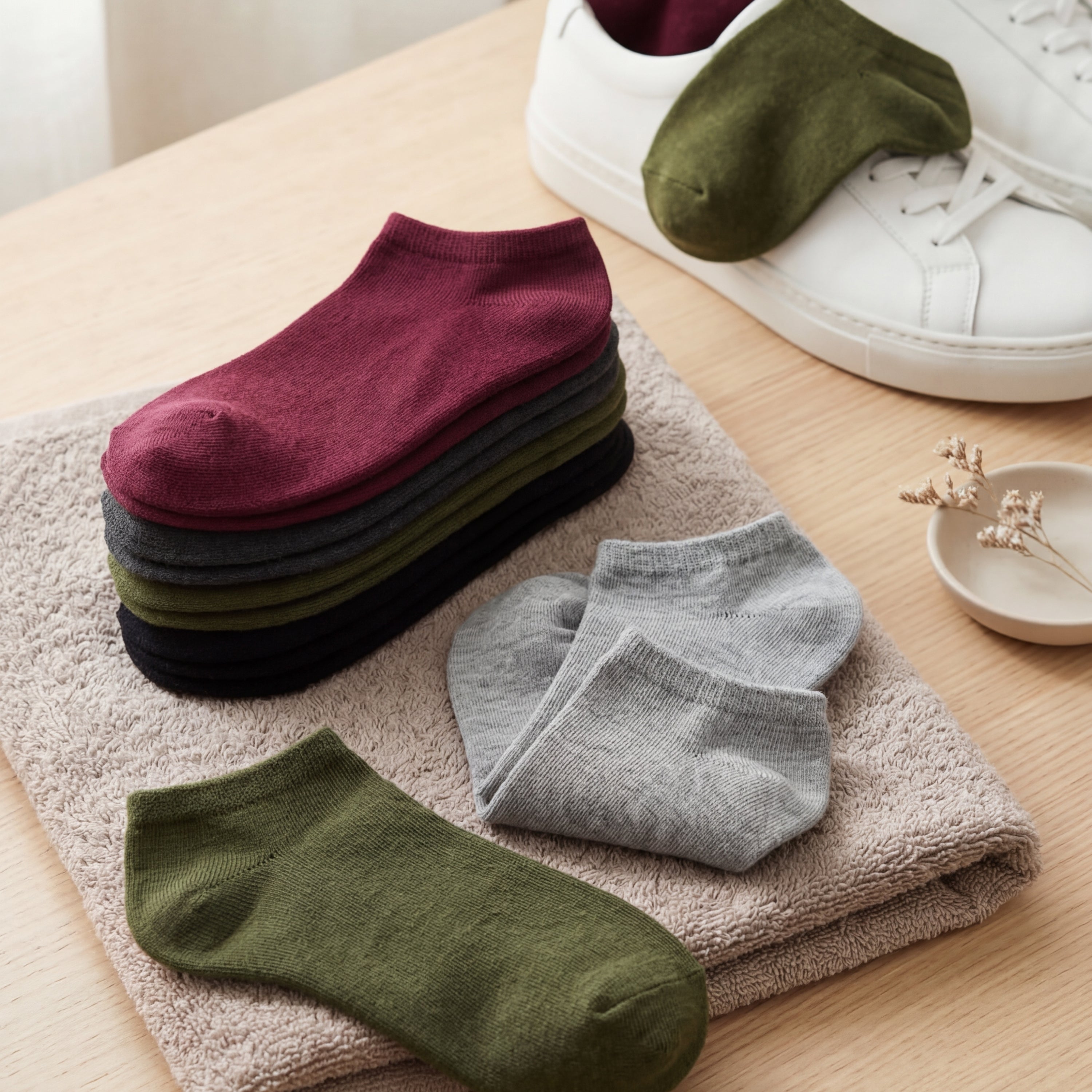 Stack of colorful socks on a towel with a white shoe nearby