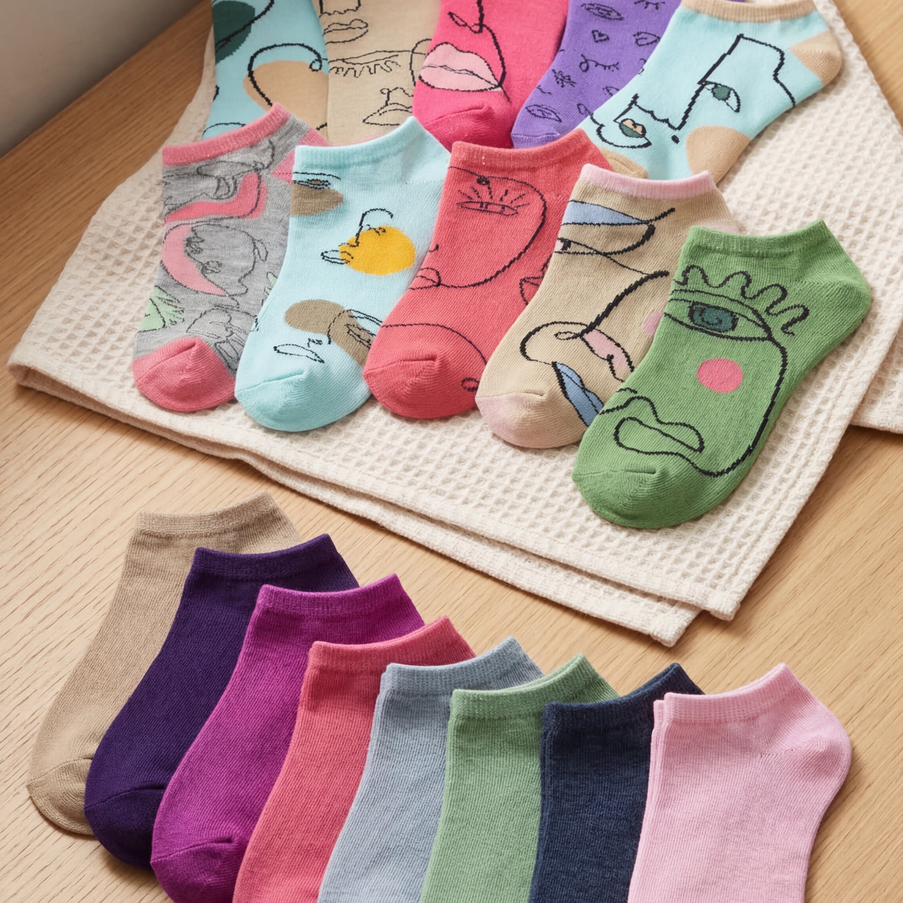 Colorful socks with various designs on a textured surface