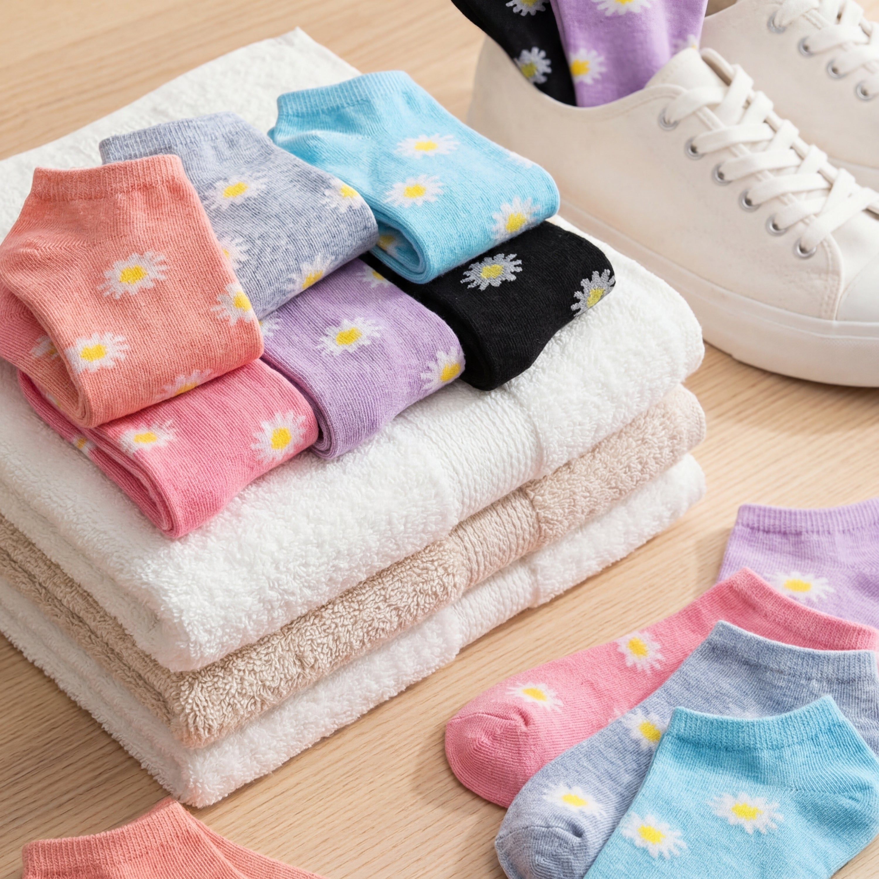 Colorful socks with daisy pattern on a wooden surface