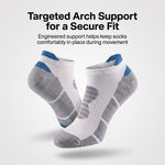 A pair of low-cut athletic socks shown floating against a light gray background with marketing text at the top. The socks are primarily white and gray with blue accents at the heel and toe.
