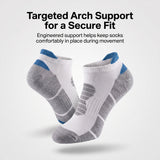 A pair of low-cut athletic socks shown floating against a light gray background with marketing text at the top. The socks are primarily white and gray with blue accents at the heel and toe.