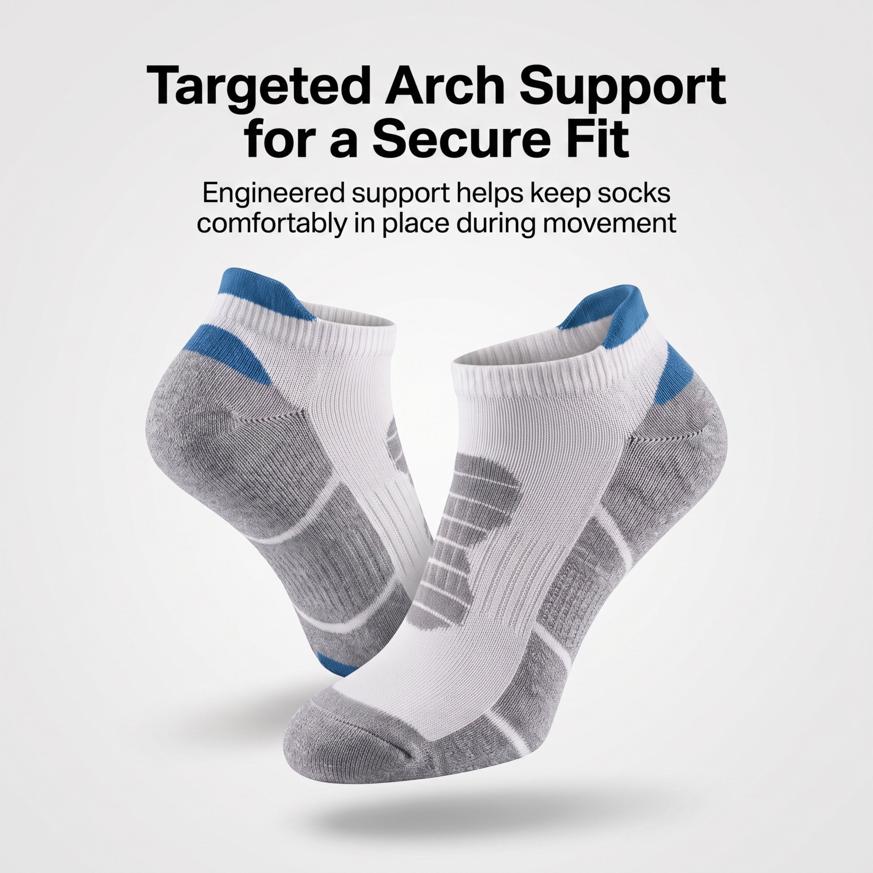 A pair of low-cut athletic socks shown floating against a light gray background with marketing text at the top. The socks are primarily white and gray with blue accents at the heel and toe.