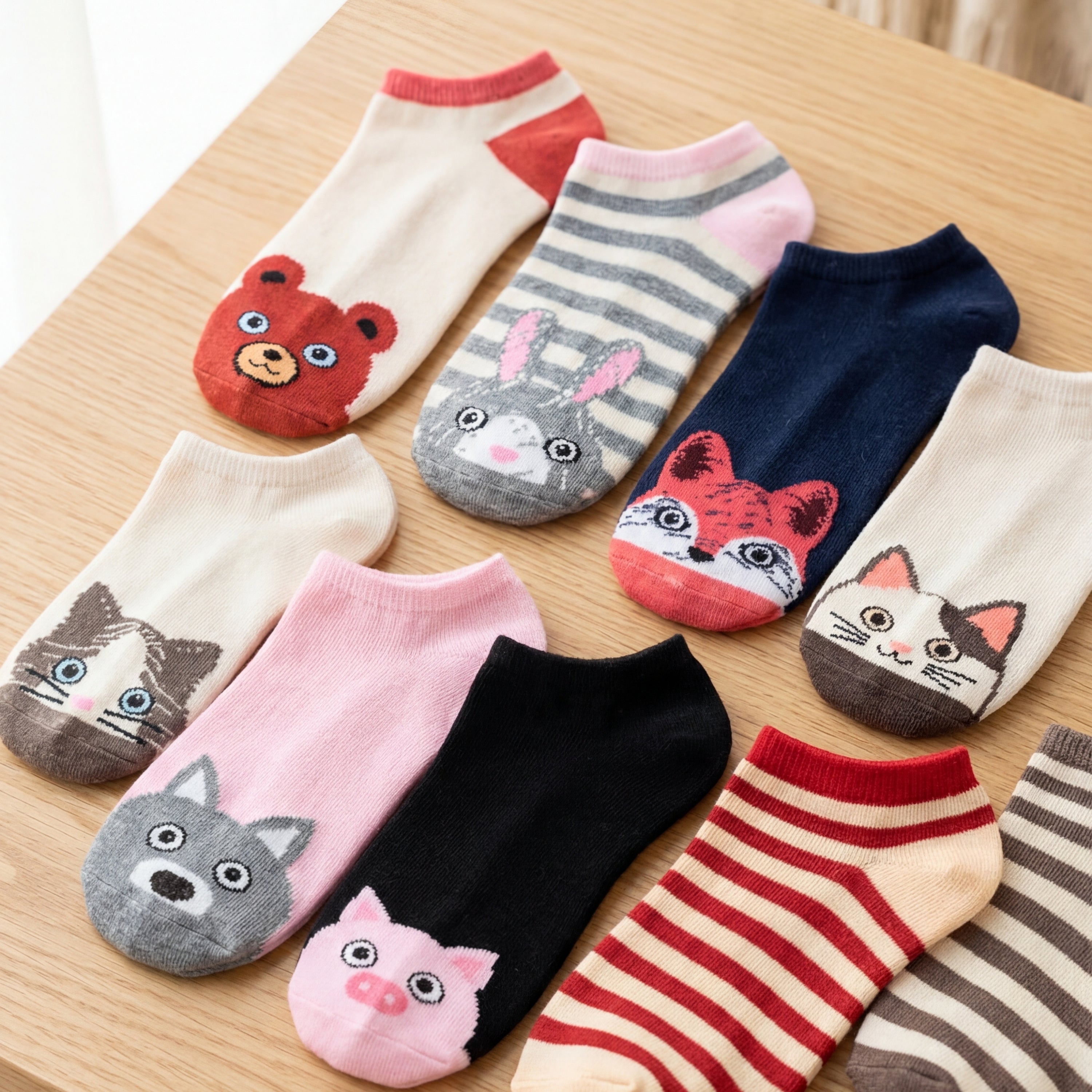 Set of cartoon animal socks on a wooden surface