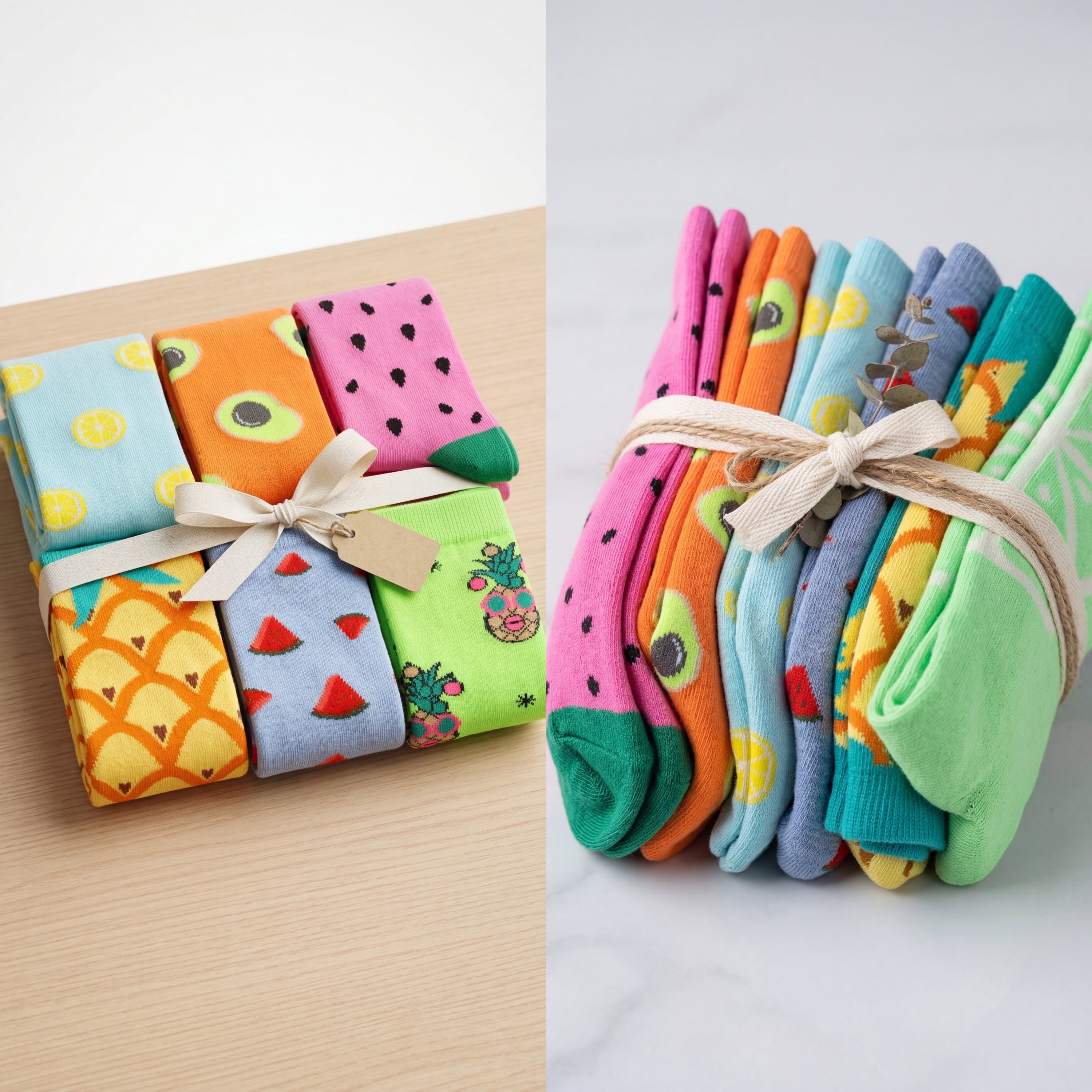 Colorful socks with fruit patterns tied together on a wooden surface and white background.