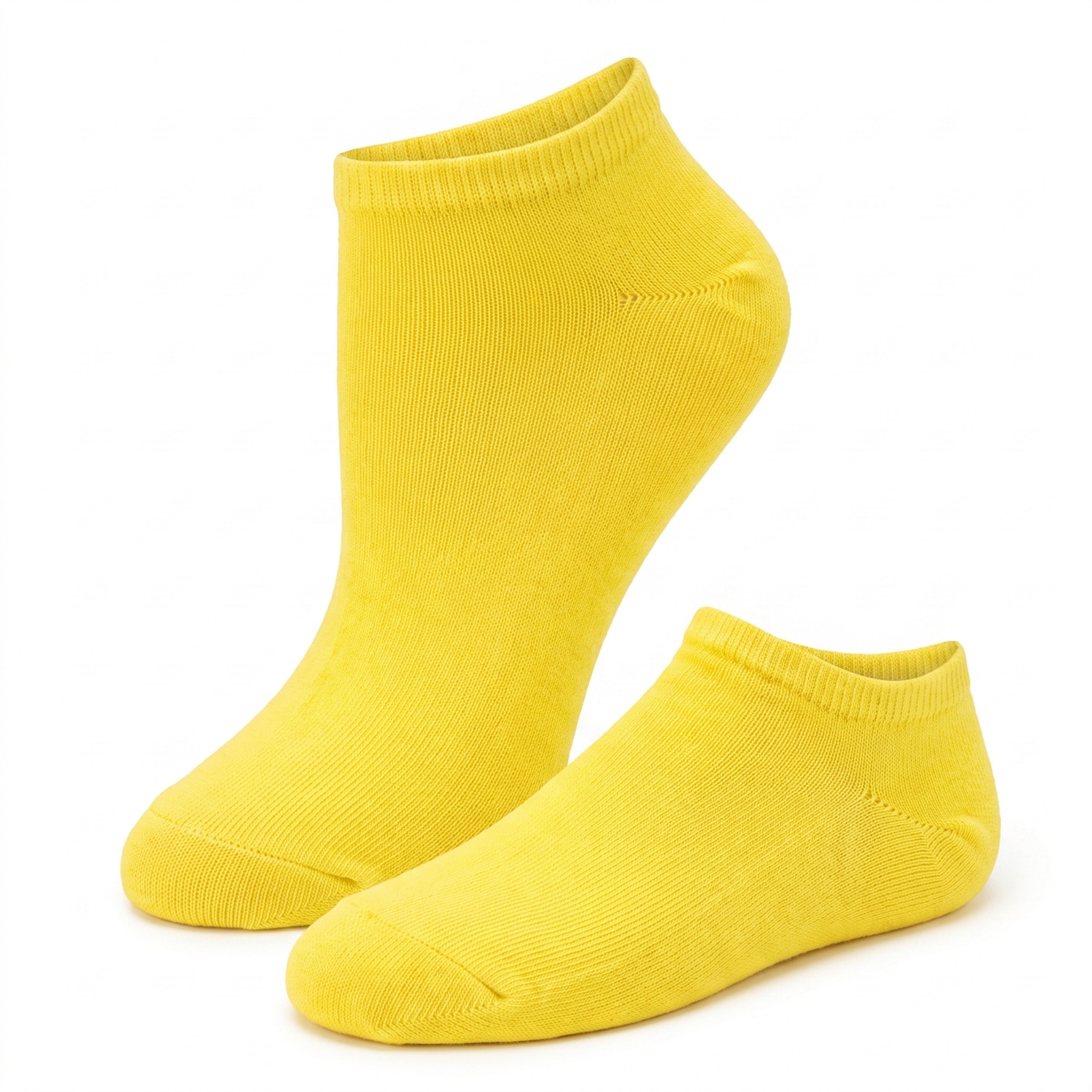 A pair of bright yellow low-cut ankle socks shown on a plain white background.