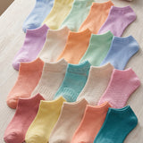 Assorted colorful ankle socks arranged on a light surface