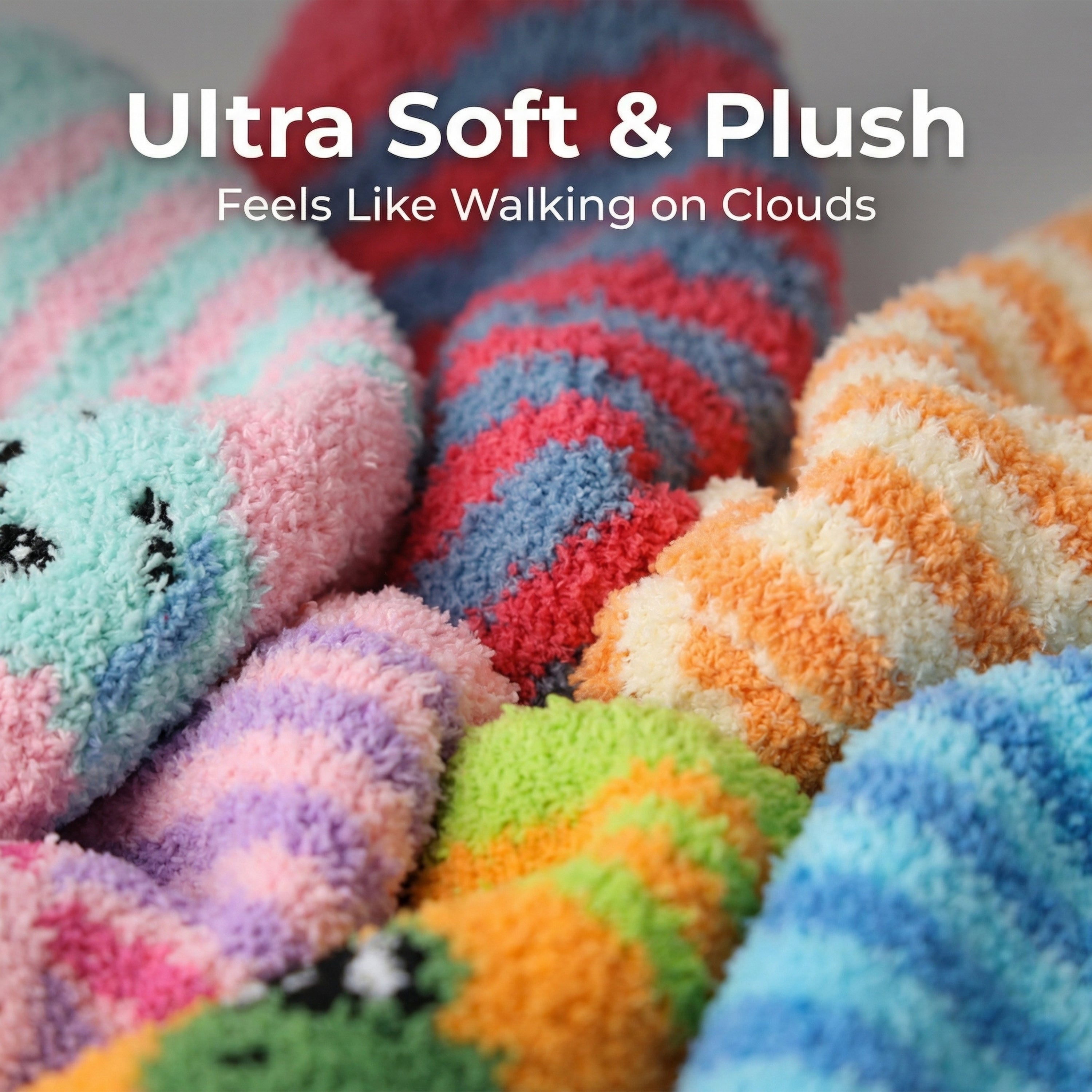 Colorful plush balls with text 'Ultra Soft & Plush Feels Like Walking on Clouds' on a blurred background