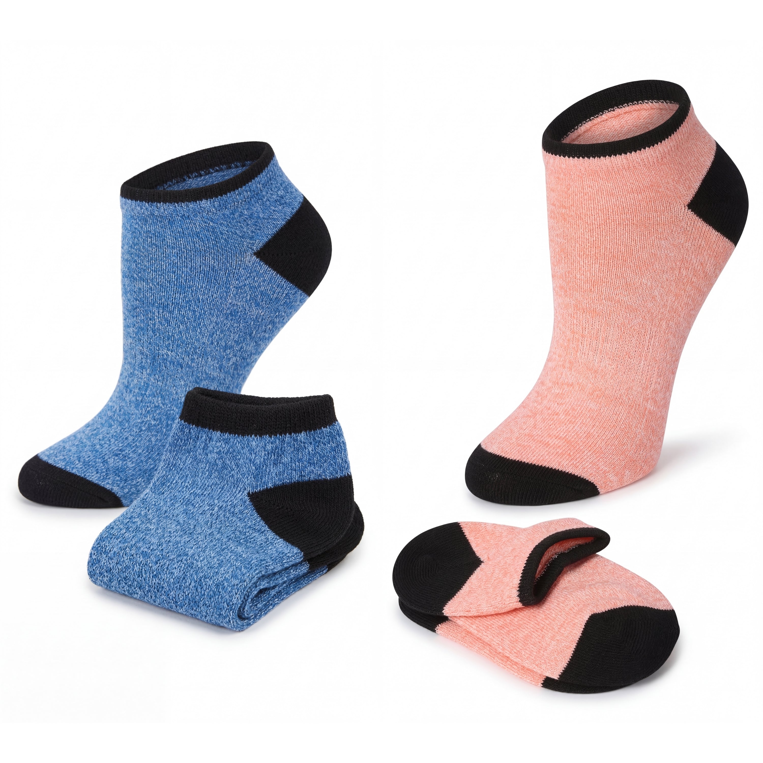 Two pairs of socks, one blue and black, one pink and black, on a white background.