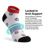 White sock with soccer ball pattern and red top, black toes, and blue stripes on a white background with text about arch support.