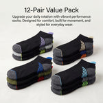 Pack of 12 pairs of black ankle socks with colorful accents on a light gray background.