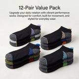 Pack of 12 pairs of black ankle socks with colorful accents on a light gray background.