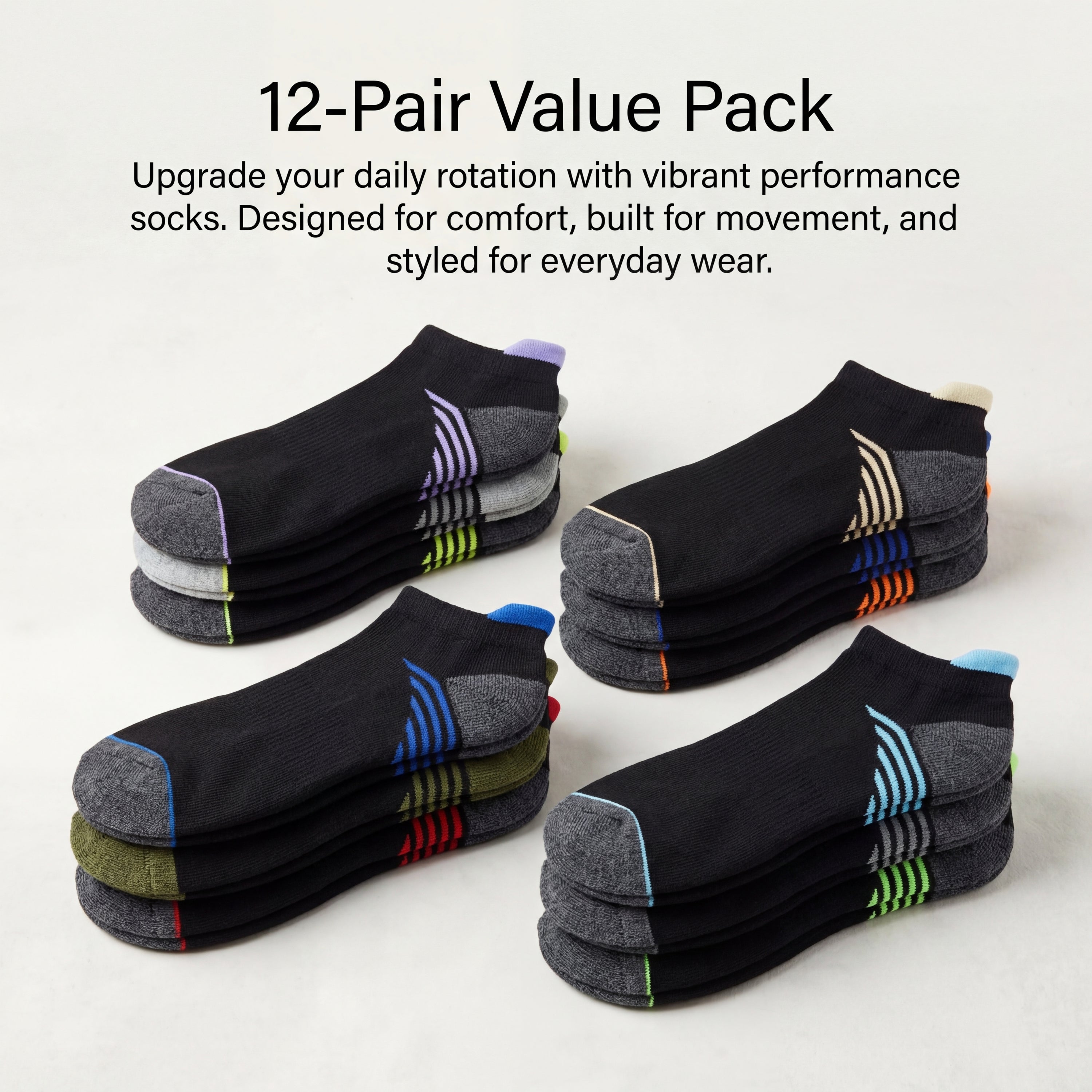 Pack of 12 pairs of black ankle socks with colorful accents on a light gray background.